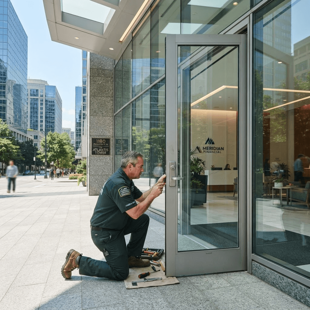 A locksmith servicing the entrance to a commercial building