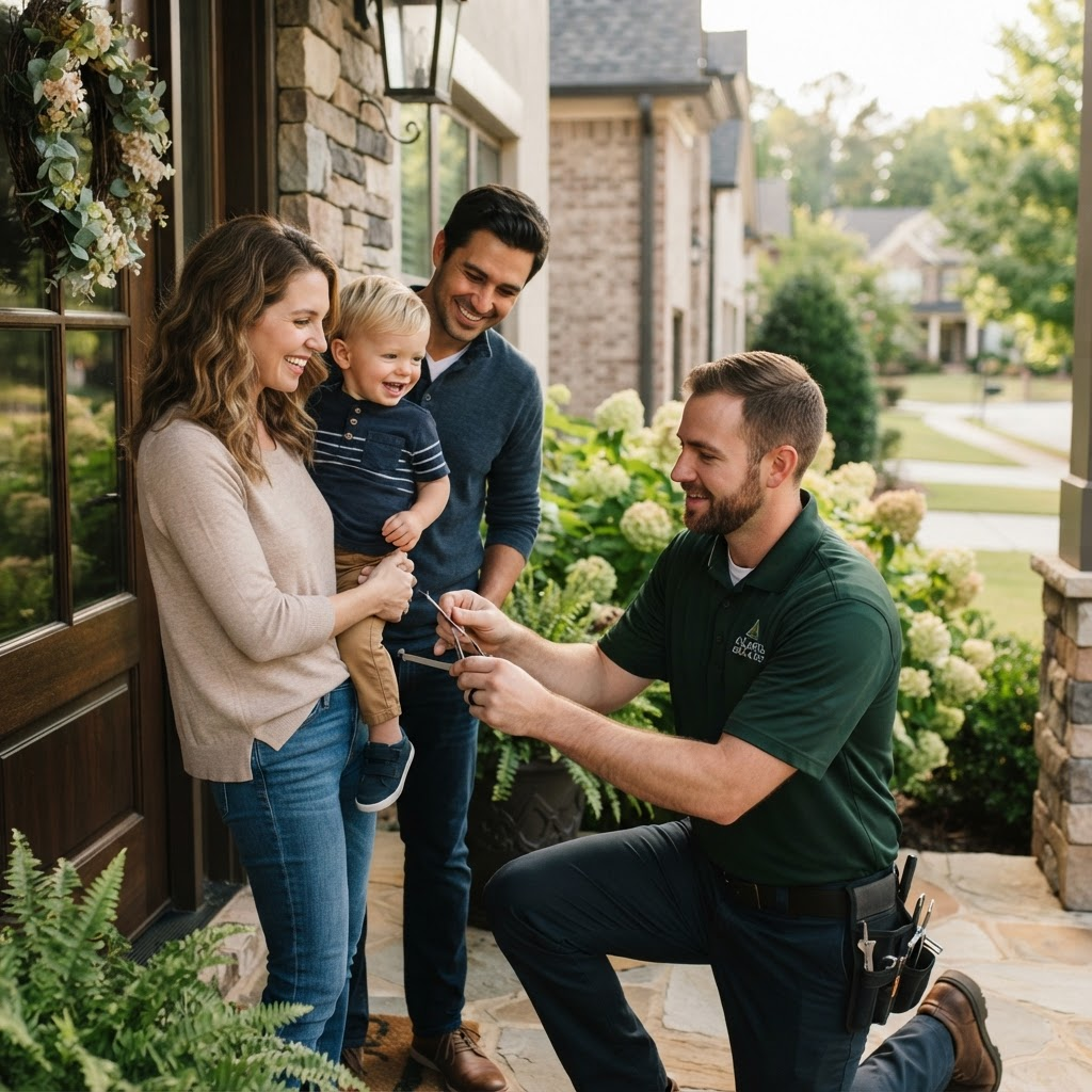 Friendly locksmith helping a family at their front door